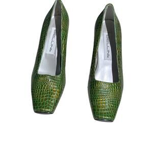 Bellini Green Croc Print Heels Women’s Size 7M — Square Toe, Retro, Statement